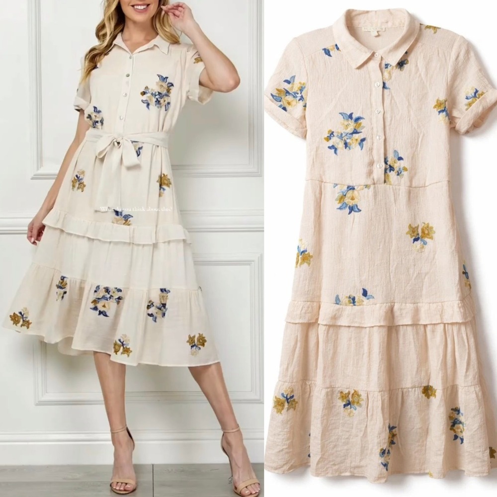 Figueroa + Flower Cream Floral Embroidered Tiered Midi Dress, Size Medium Modest
